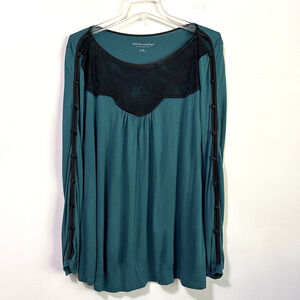 Soft Surroundings Top XL Teal‎ Black Lace Button Sleeves Soft Rayon Trendy Shirt